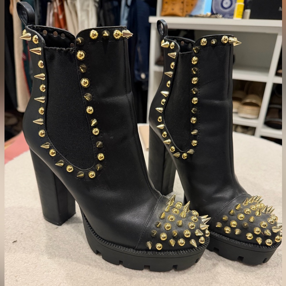 Cape Robbin Black and Gold Studded Heeled Combat Boots